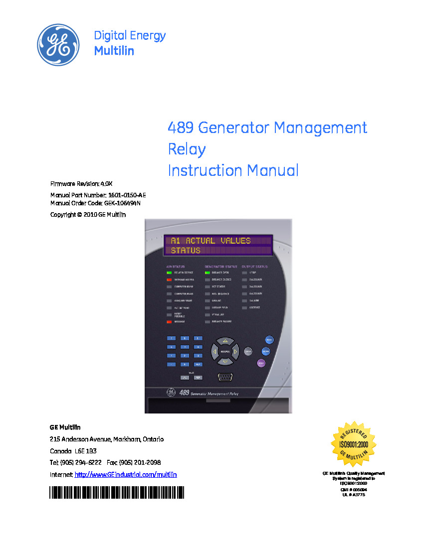 First Page Image of 489-P1-HI-A20-E 489 Generator Management Relay Instruction Manual GEK-106494N.pdf